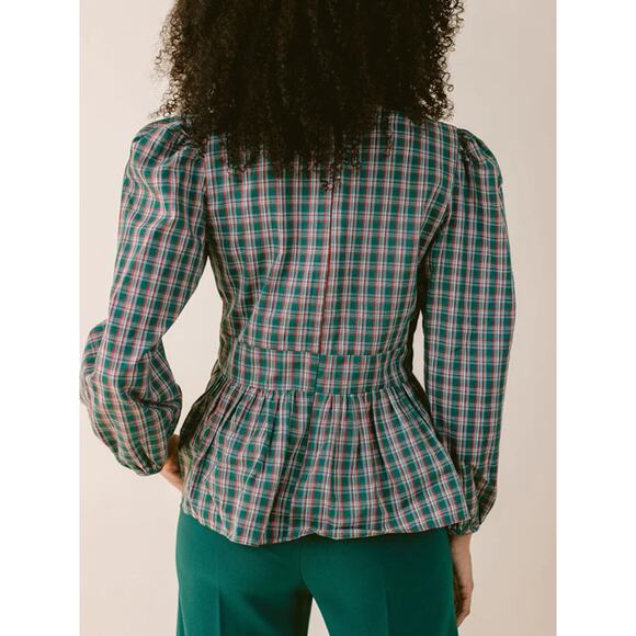 LaRoque Cara Top Peplum Puff Sleeve Blouse in Green Plaid size Medium NEW - Picture 5 of 9